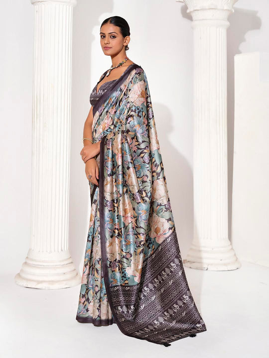 Multicolor Silk Blend Printed Saree With Blouse Piece