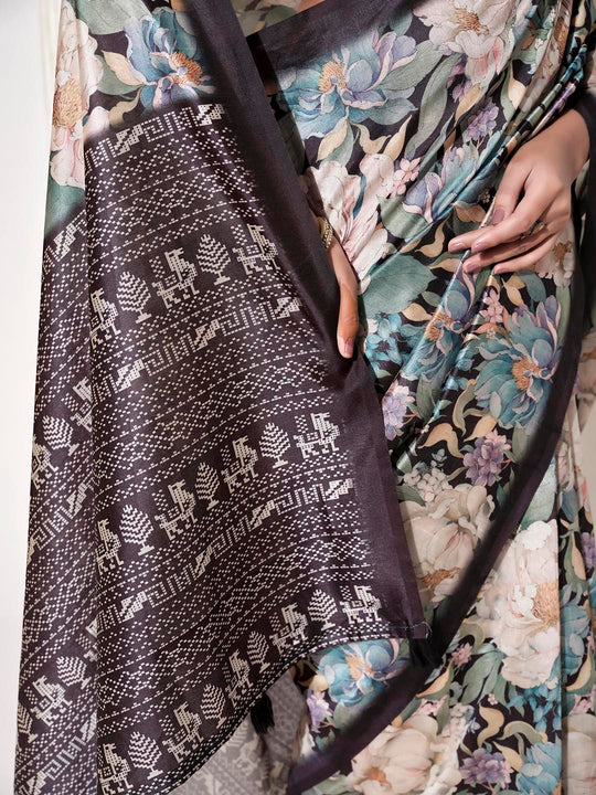 Multicolor Silk Blend Printed Saree With Blouse Piece