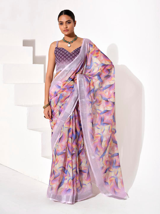 Multicolor cotton blend Printed Saree With Blouse Piece