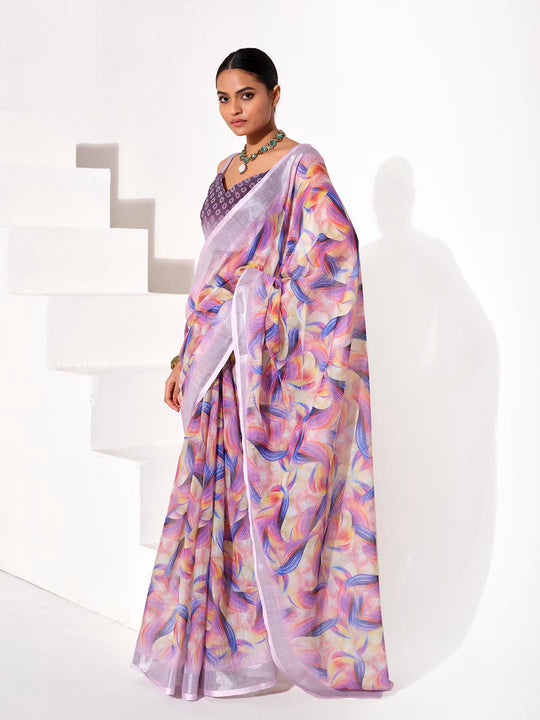 Multicolor cotton blend Printed Saree With Blouse Piece