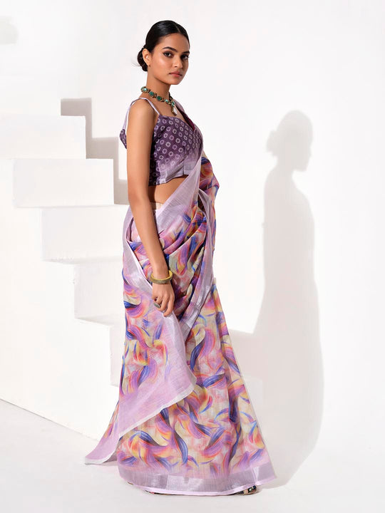 Multicolor cotton blend Printed Saree With Blouse Piece