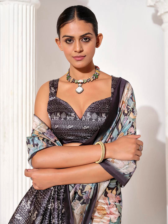 Multicolor Silk Blend Printed Saree With Blouse Piece