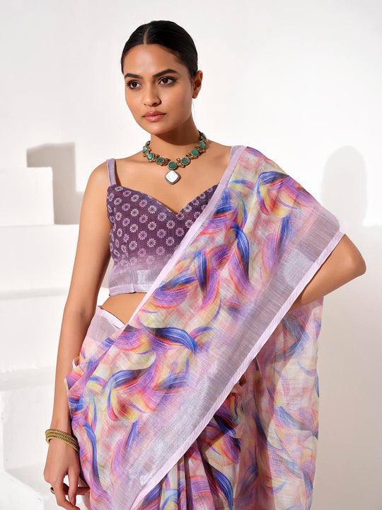 Multicolor cotton blend Printed Saree With Blouse Piece