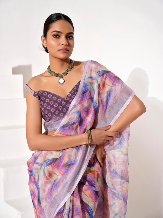Multicolor cotton blend Printed Saree With Blouse Piece