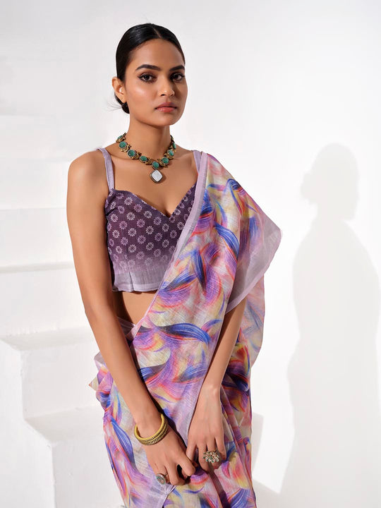 Multicolor cotton blend Printed Saree With Blouse Piece