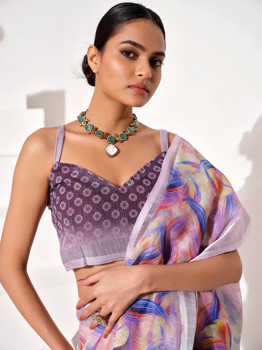 Multicolor cotton blend Printed Saree With Blouse Piece