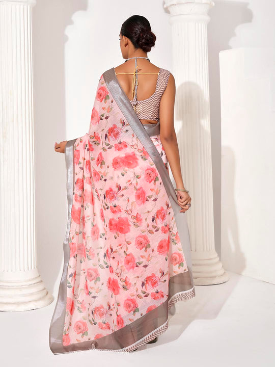 Pink Cotton Blend Printed Saree With Blouse Piece