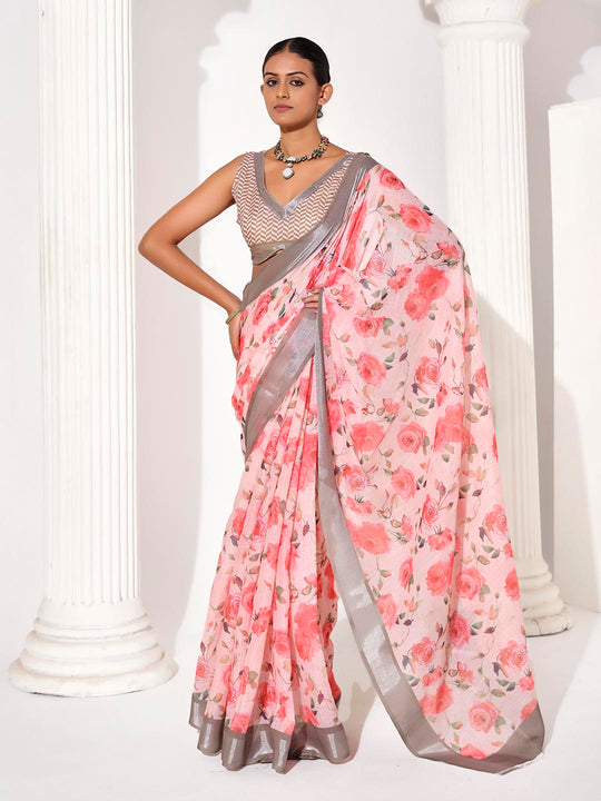 Pink Cotton Blend Printed Saree With Blouse Piece