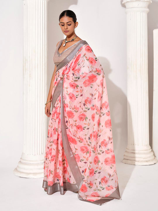 Pink Cotton Blend Printed Saree With Blouse Piece