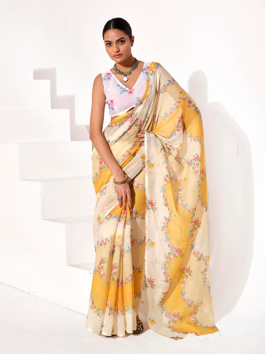 Multicolor Cotton Blend Printed Saree With Blouse Piece