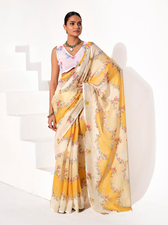 Multicolor Cotton Blend Printed Saree With Blouse Piece