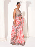 Pink Cotton Blend Printed Saree With Blouse Piece