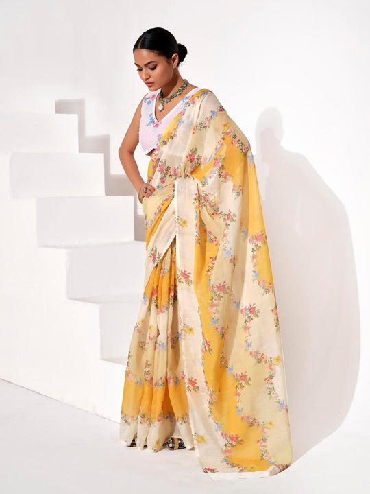 Multicolor Cotton Blend Printed Saree With Blouse Piece