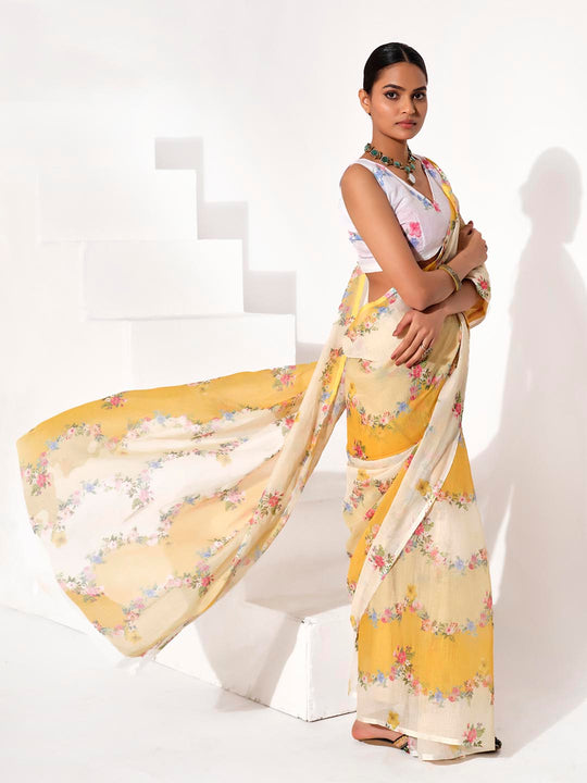 Multicolor Cotton Blend Printed Saree With Blouse Piece