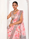 Pink Cotton Blend Printed Saree With Blouse Piece