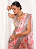 Pink Cotton Blend Printed Saree With Blouse Piece