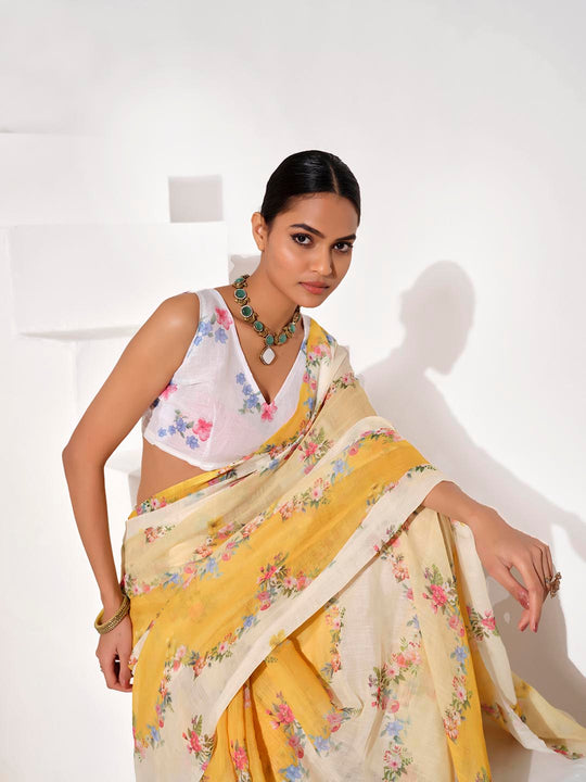 Multicolor Cotton Blend Printed Saree With Blouse Piece