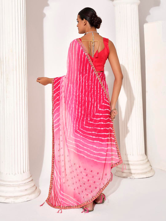 Pink Georgette Embellished Saree With Blouse Piece