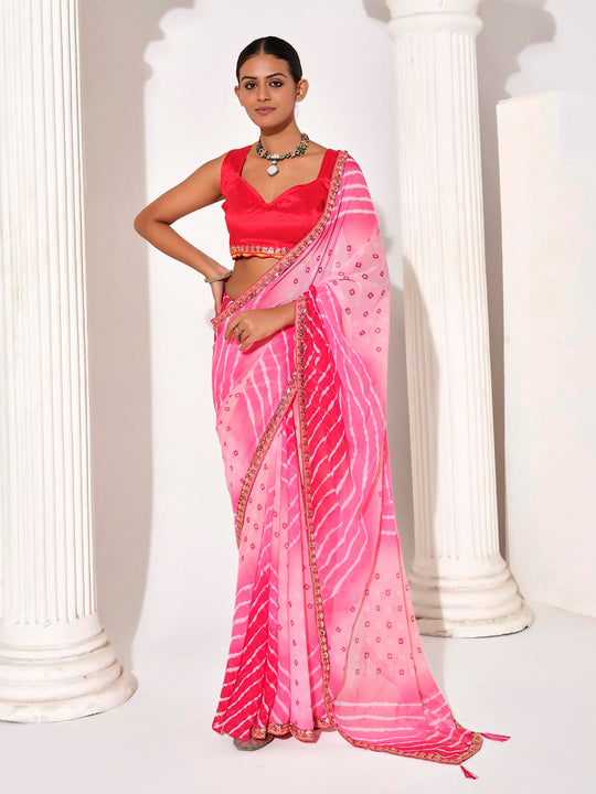 Pink Georgette Embellished Saree With Blouse Piece