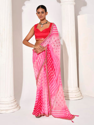 Pink Georgette Embellished Saree With Blouse Piece