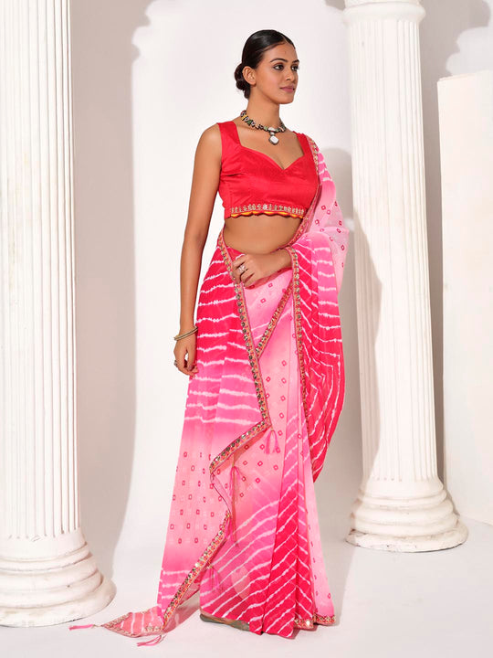 Pink Georgette Embellished Saree With Blouse Piece