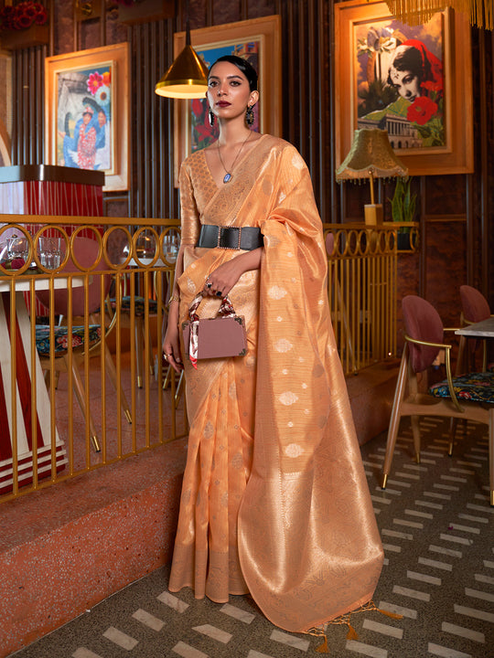 Orange Tussar Silk Saree With Blouse Piece