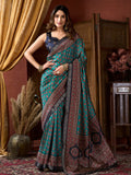 Teal Green Cluster Digital Saree With Jacquard Border & Jhallar Saree With Blouse Piece