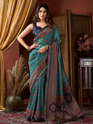 Teal Green Cluster Digital Saree With Jacquard Border & Jhallar Saree With Blouse Piece
