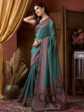 Teal Green Cluster Digital Saree With Jacquard Border & Jhallar Saree With Blouse Piece