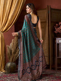 Teal Green Cluster Digital Saree With Jacquard Border & Jhallar Saree With Blouse Piece