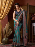 Teal Green Cluster Digital Saree With Jacquard Border & Jhallar Saree With Blouse Piece