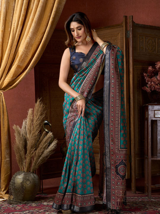 Teal Green Cluster Digital Saree With Jacquard Border & Jhallar Saree With Blouse Piece