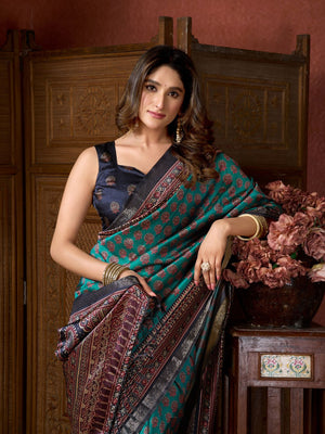 Teal Green Cluster Digital Saree With Jacquard Border & Jhallar Saree With Blouse Piece
