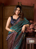 Teal Green Cluster Digital Saree With Jacquard Border & Jhallar Saree With Blouse Piece