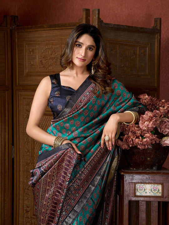 Teal Green Cluster Digital Saree With Jacquard Border & Jhallar Saree With Blouse Piece