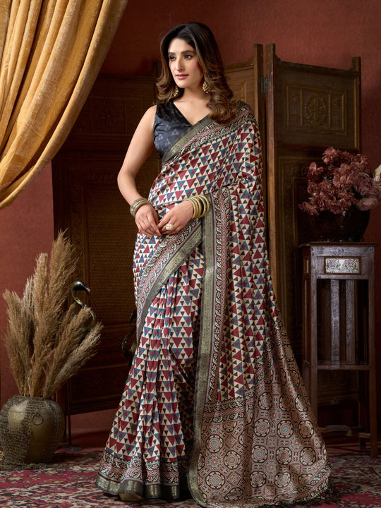 Multi Colour Cluster Digital Saree With Jacquard Border & Jhallar Saree With Blouse Piece