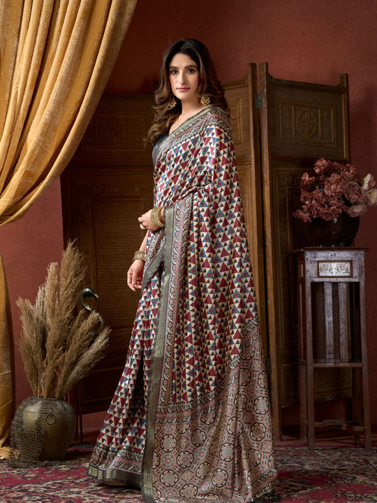 Multi Colour Cluster Digital Saree With Jacquard Border & Jhallar Saree With Blouse Piece