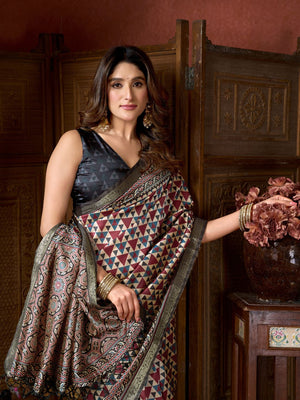 Multi Colour Cluster Digital Saree With Jacquard Border & Jhallar Saree With Blouse Piece