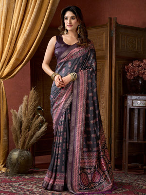 Blue Cluster Digital Saree With Jacquard Border & Jhallar Saree With Blouse Piece