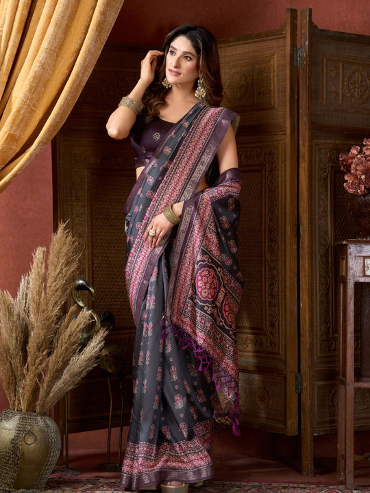 Blue Cluster Digital Saree With Jacquard Border & Jhallar Saree With Blouse Piece
