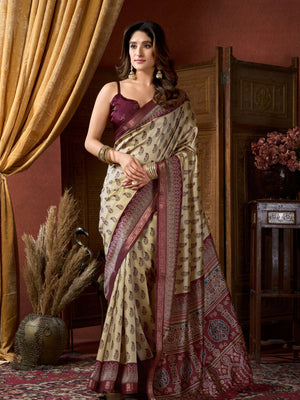 Cream Cluster Digital Saree With Jacquard Border & Jhallar Saree With Blouse Piece