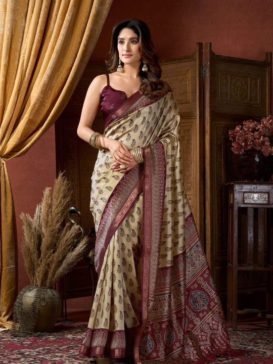 Cream Cluster Digital Saree With Jacquard Border & Jhallar Saree With Blouse Piece