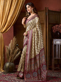 Cream Cluster Digital Saree With Jacquard Border & Jhallar Saree With Blouse Piece