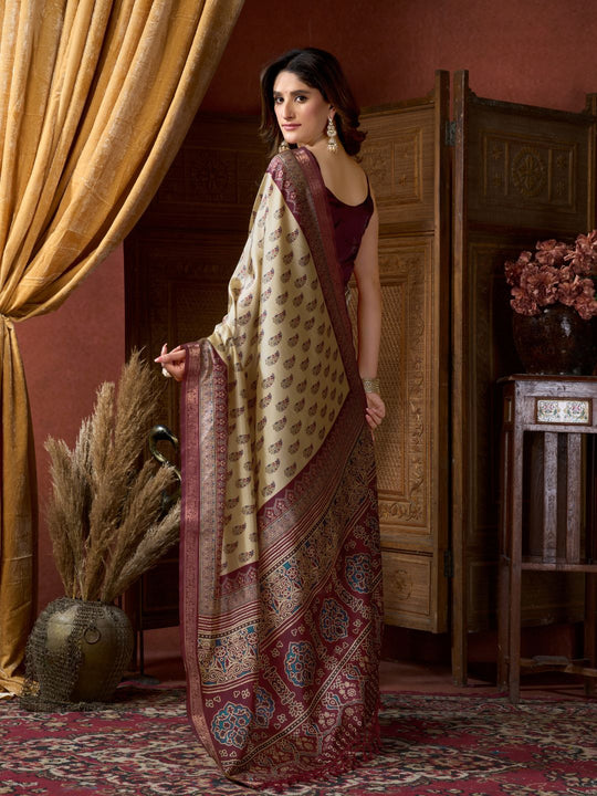 Cream Cluster Digital Saree With Jacquard Border & Jhallar Saree With Blouse Piece