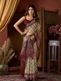Cream Cluster Digital Saree With Jacquard Border & Jhallar Saree With Blouse Piece