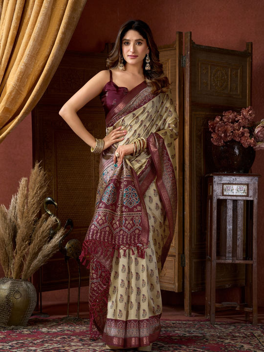 Cream Cluster Digital Saree With Jacquard Border & Jhallar Saree With Blouse Piece