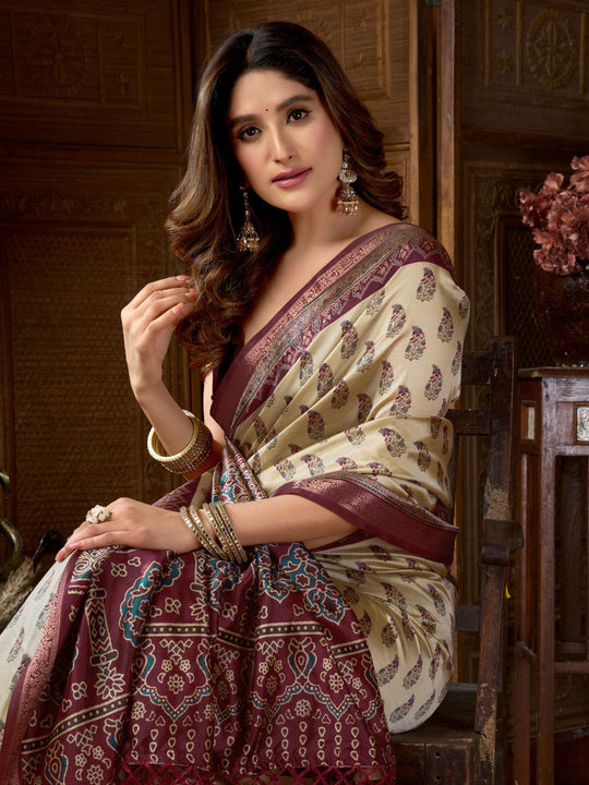 Cream Cluster Digital Saree With Jacquard Border & Jhallar Saree With Blouse Piece