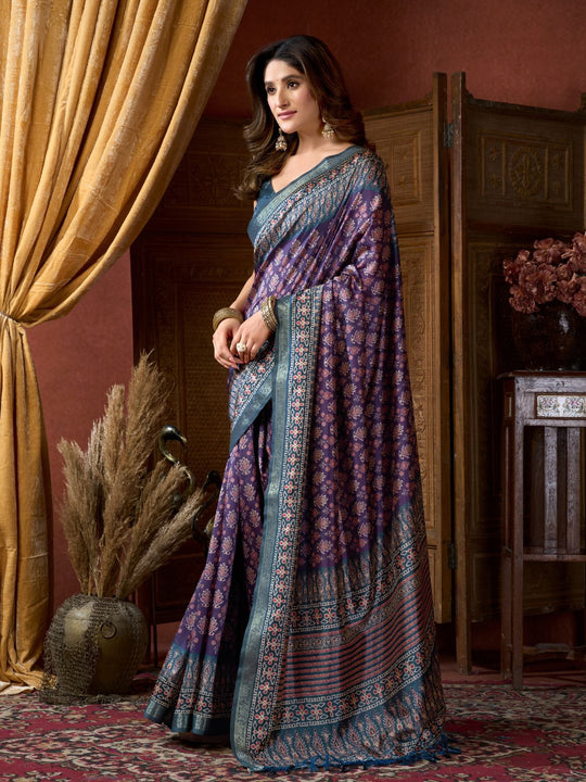Purple Cluster Digital Saree With Jacquard Border & Jhallar Saree With Blouse Piece