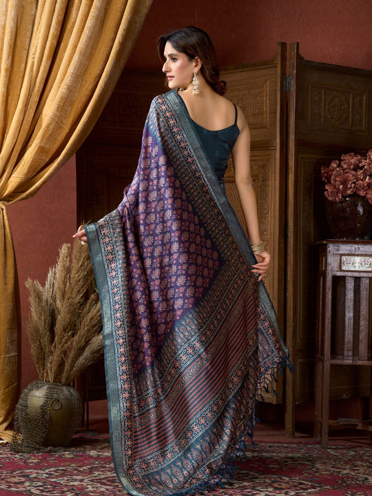 Purple Cluster Digital Saree With Jacquard Border & Jhallar Saree With Blouse Piece