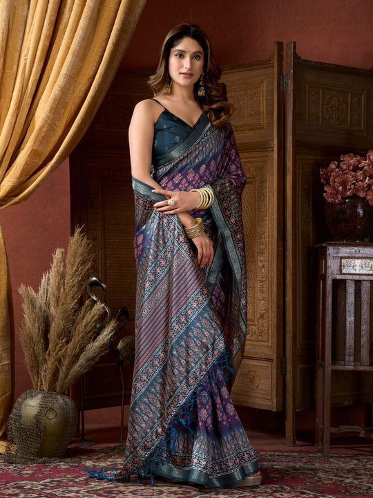 Purple Cluster Digital Saree With Jacquard Border & Jhallar Saree With Blouse Piece